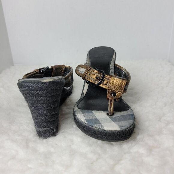 Burberry Womens Size 7.5 Metallic Bronze Leather Wedge Espadrille Thong - Picture 12 of 12